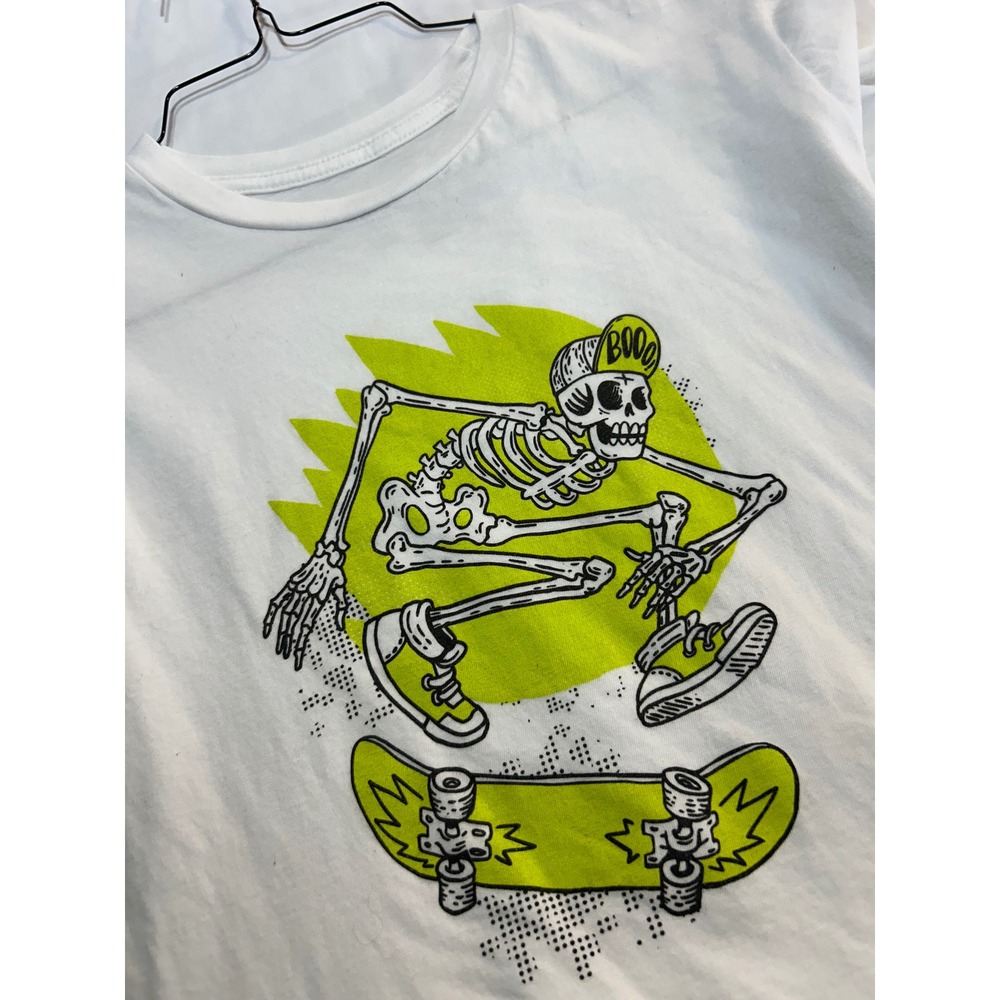 Polarize Kids Skateboard Skeleton Graphic Tee White Neon Yellow Size Large